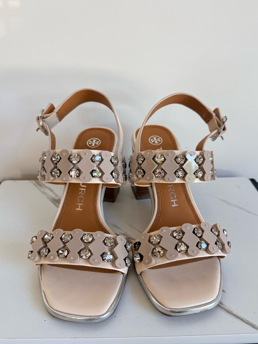 Tory Burch Delaney Embellished Crystal Block Heel Sandals Size 6.5